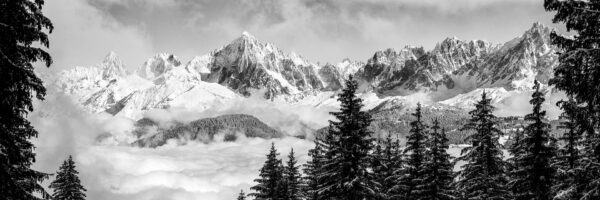 Panorama sur l'Aiguille Verte et les Aiguilles de Chamonix vues depuis Combloux en hiver