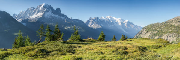 Panorama de la chaine du Mont Blanc depuis l'Aiguille des Posettes en été.